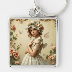 Fantasy Cute Victorian Girl Flowers Fyrkantig Silverfärgad Nyckelring