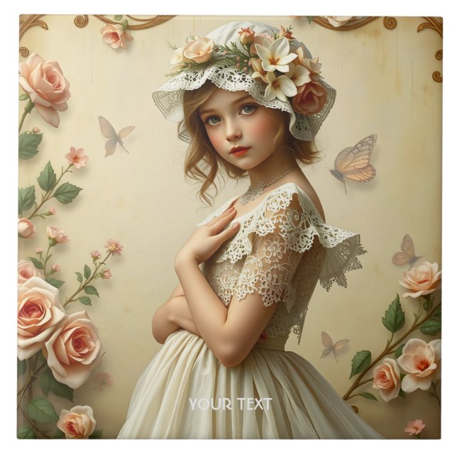 Fantasy Cute Victorian Girl Flowers Kakelplatta (Framsidan)