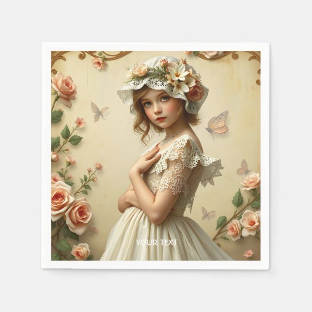 Fantasy Cute Victorian Girl Flowers Pappersservett (Framsidan)