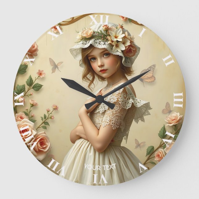 Fantasy Cute Victorian Girl Flowers Stor Klocka (Framsida)
