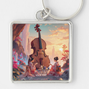 Fantasy Cute Violin Girls Tea Fyrkantig Silverfärgad Nyckelring