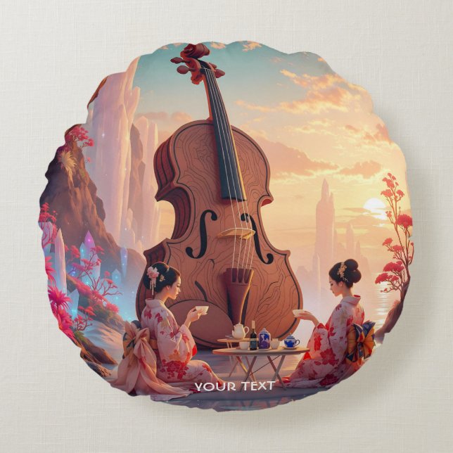 Fantasy Cute Violin Girls Tea Rund Kudde (Framsidan)