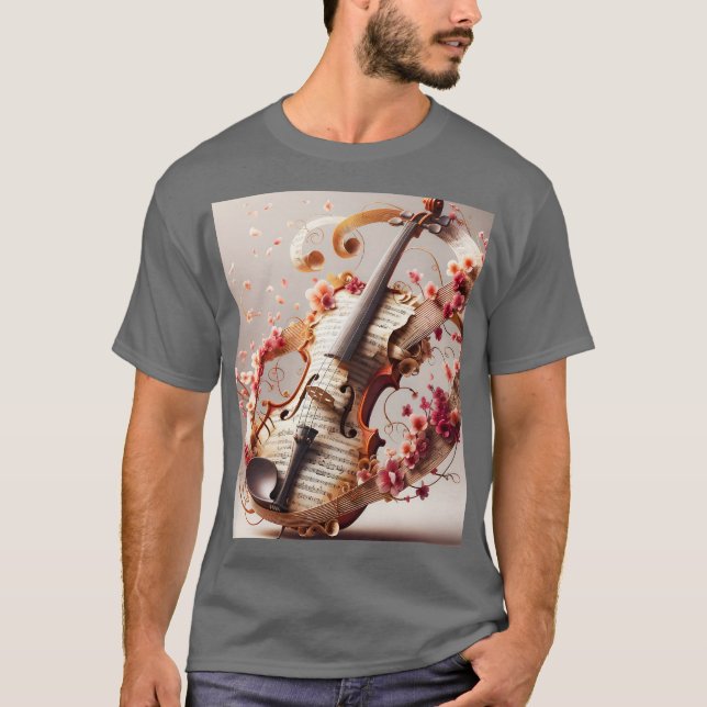 Fantasy Cute Violin Notes Flowers T Shirt (Framsida)
