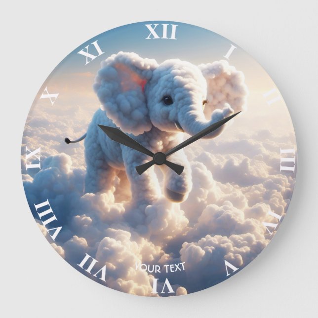 Fantasy Cute Vivid Cloud Elephant Himlar Stor Klocka (Framsida)