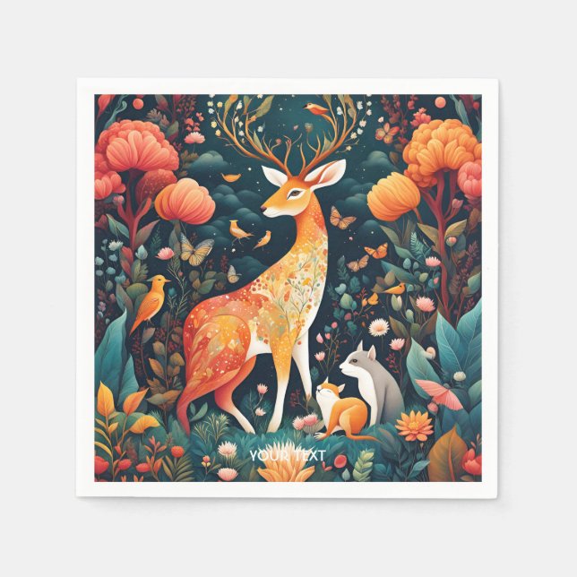 Fantasy Cute Vivid Flowers Forest Hjort Pappersservett (Framsidan)