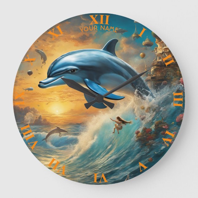 Fantasy Cute Vivid Flowers Jumping Dolphin Stor Klocka (Framsida)