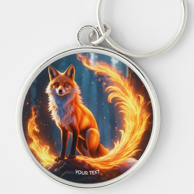 Fantasy Cute Vivid Fox Fire Forest Rund Silverfärgad Nyckelring (Framsidan)