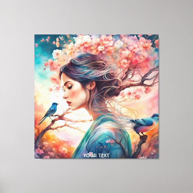 Fantasy Cute Vivid Girl Blommar Birds Canvastryck (Framsida)