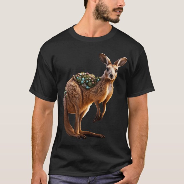 Fantasy Cute Vivid Kangaroo Porträtt Flowers T Shirt (Framsida)
