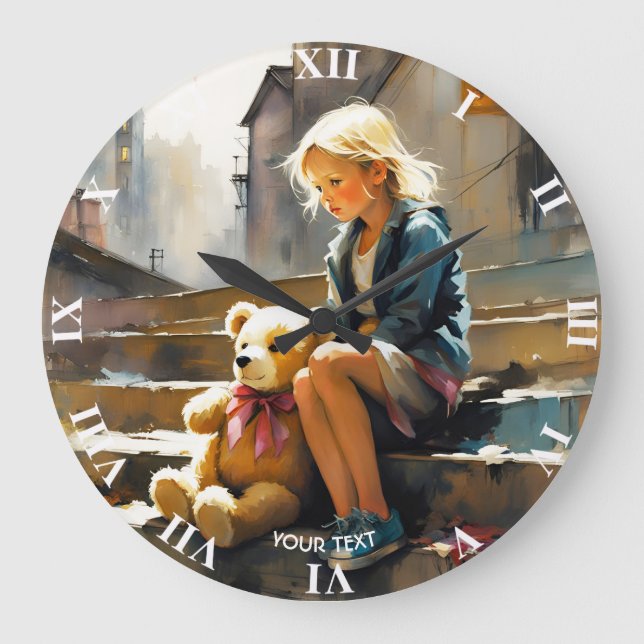 Fantasy Cute Vivid Ledsen Girl Bear Stor Klocka (Framsida)