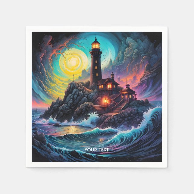 Fantasy Cute Vivid Lighthouse Sea Night Pappersservett (Framsidan)