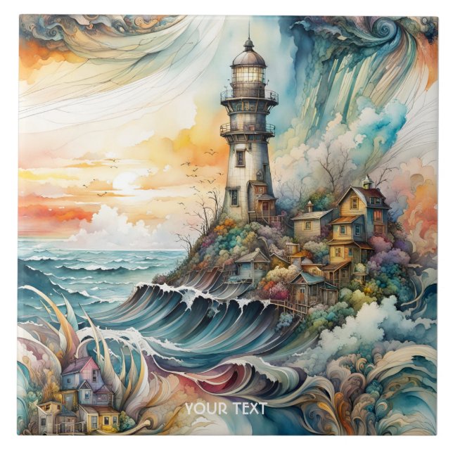 Fantasy Cute Vivid Lighthouse Tecknad Storm Kakelplatta (Framsidan)