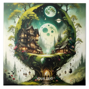 Fantasy Cute Vivid Träd House Måne Kakelplatta