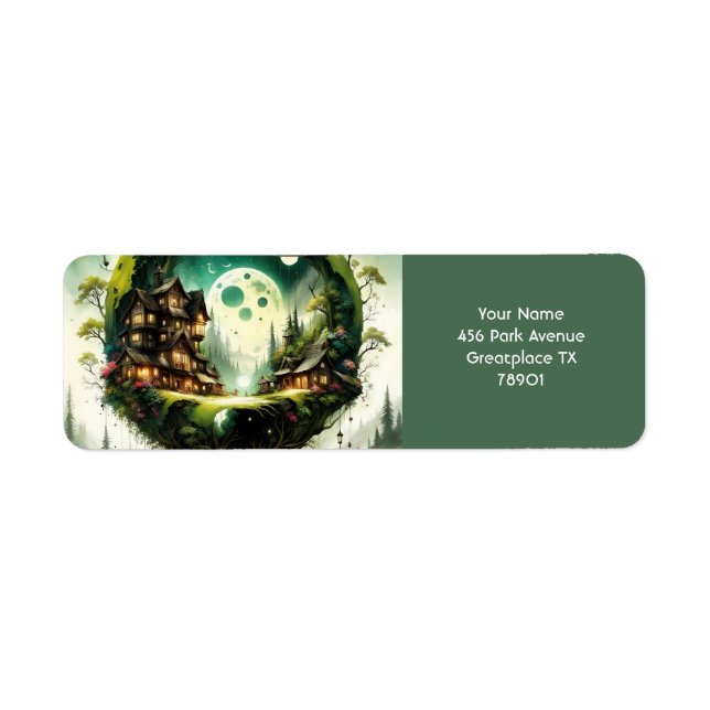 Fantasy Cute Vivid Träd House Måne Returadress Etikett (Framsidan)