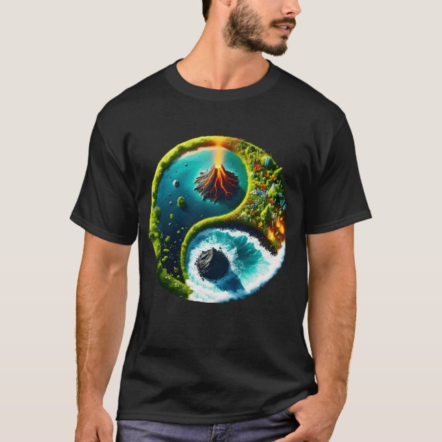 Fantasy Cute Volcano Yin Yang T Shirt (Framsida)