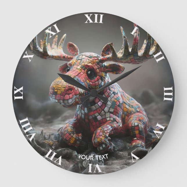 Fantasy Cute Wacky Mosaic Moose Stor Klocka (Framsida)
