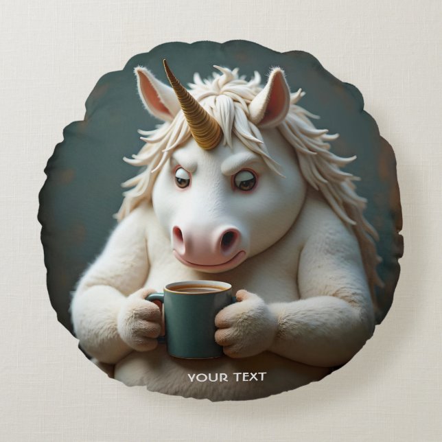 Fantasy Cute Wacky Unicorn Coffee Rund Kudde (Framsidan)