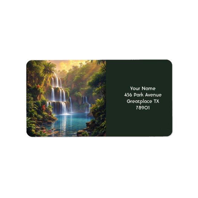 Fantasy Cute Waterfall Sunset Jungle Adressetikett (Framsidan)