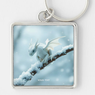 Fantasy Cute White Baby Dragon Fyrkantig Silverfärgad Nyckelring