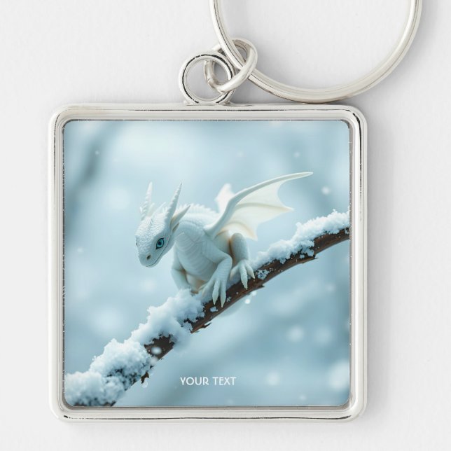 Fantasy Cute White Baby Dragon Fyrkantig Silverfärgad Nyckelring (Framsidan)