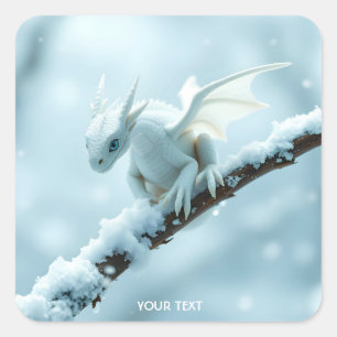 Fantasy Cute White Baby Dragon Fyrkantigt Klistermärke