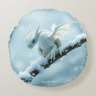 Fantasy Cute White Baby Dragon Rund Kudde