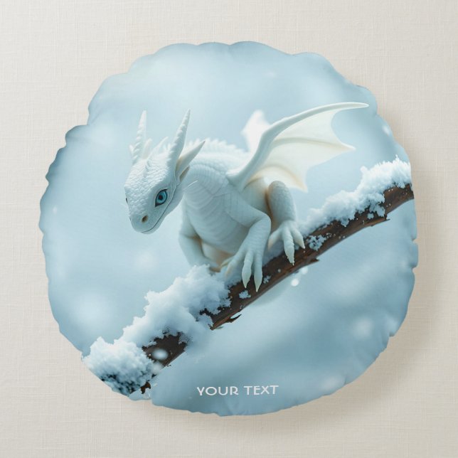 Fantasy Cute White Baby Dragon Rund Kudde (Framsidan)
