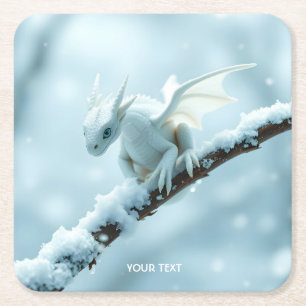 Fantasy Cute White Baby Dragon Underlägg Papper Kvadrat