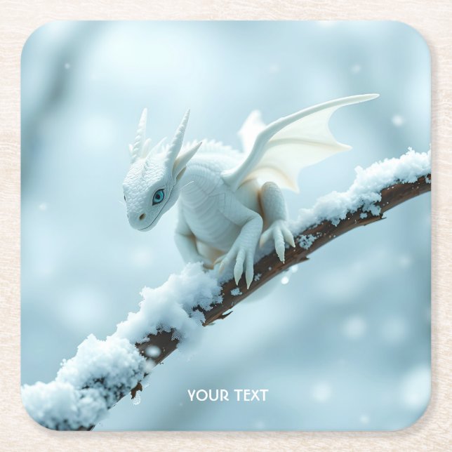 Fantasy Cute White Baby Dragon Underlägg Papper Kvadrat (Framsidan)