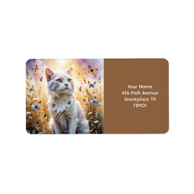 Fantasy Cute White Cat Butterflies Adressetikett (Framsidan)