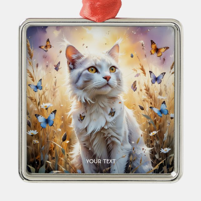 Fantasy Cute White Cat Butterflies Julgransprydnad Metall (Framsidan)