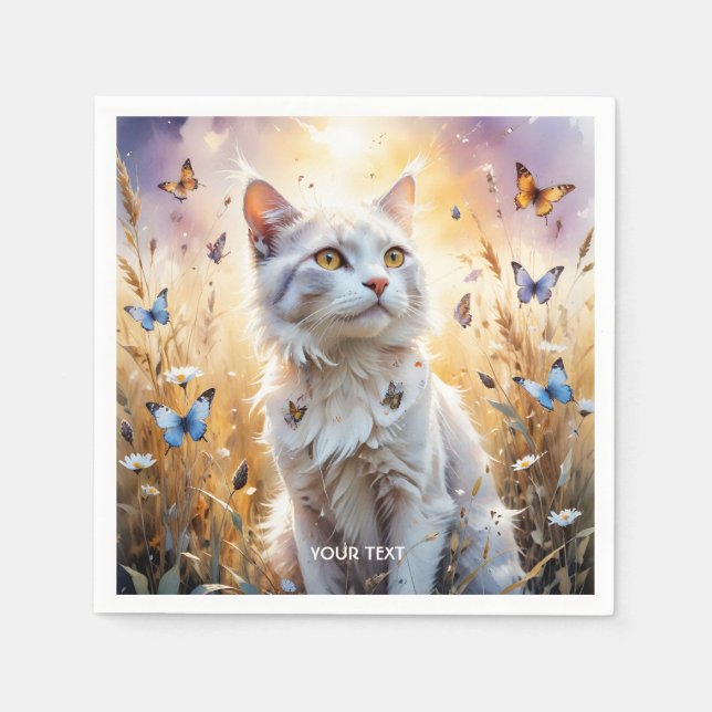 Fantasy Cute White Cat Butterflies Pappersservett (Framsidan)