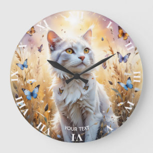 Fantasy Cute White Cat Butterflies Stor Klocka
