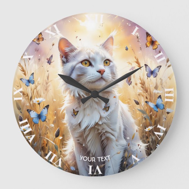 Fantasy Cute White Cat Butterflies Stor Klocka (Framsida)