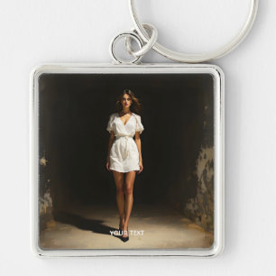 Fantasy Cute White Dress Girl Fyrkantig Silverfärgad Nyckelring