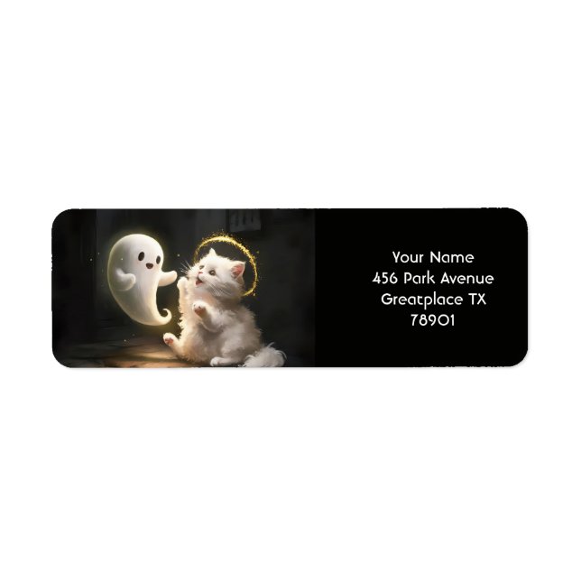 Fantasy Cute White Ghost Cat Returadress Etikett (Framsidan)