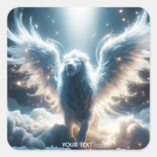 Fantasy Cute White Lejon Heaven Fyrkantigt Klistermärke