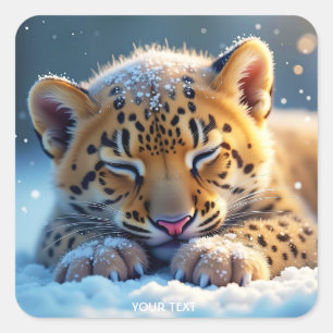 Fantasy Cute Winter Baby Leopard Fyrkantigt Klistermärke