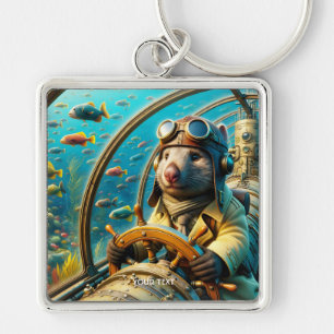 Fantasy Cute Wombat Pilot Underwater Fyrkantig Silverfärgad Nyckelring