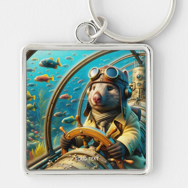Fantasy Cute Wombat Pilot Underwater Fyrkantig Silverfärgad Nyckelring (Framsidan)