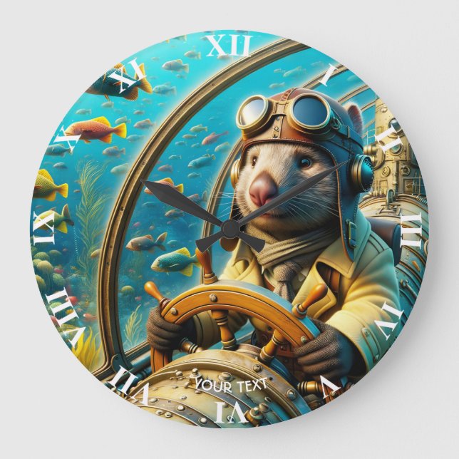 Fantasy Cute Wombat Pilot Underwater Stor Klocka (Framsida)