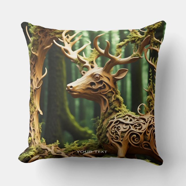 Fantasy Cute Wooden Carving Hjort Kudde (Framsida)