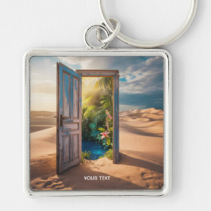 Fantasy Cute Wooden Door Desert Fyrkantig Silverfärgad Nyckelring