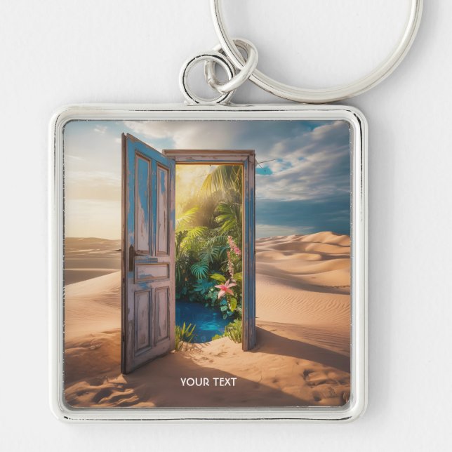 Fantasy Cute Wooden Door Desert Fyrkantig Silverfärgad Nyckelring (Framsidan)