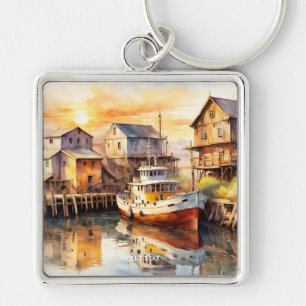 Fantasy Cute Wooden Fishing Trawler Fyrkantig Silverfärgad Nyckelring