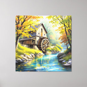 Fantasy Cute Wooden Watermill River Canvastryck