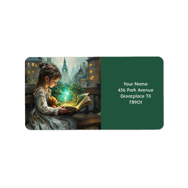 Fantasy Cute Young Girl Reading Adressetikett (Framsidan)
