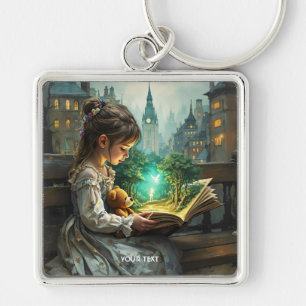 Fantasy Cute Young Girl Reading Fyrkantig Silverfärgad Nyckelring