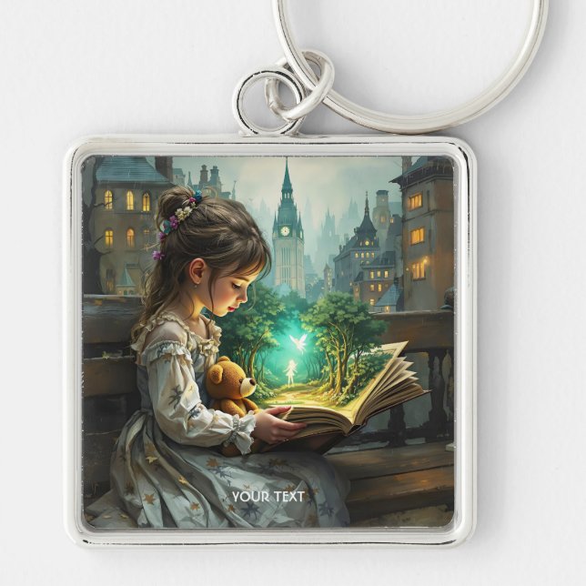 Fantasy Cute Young Girl Reading Fyrkantig Silverfärgad Nyckelring (Framsidan)