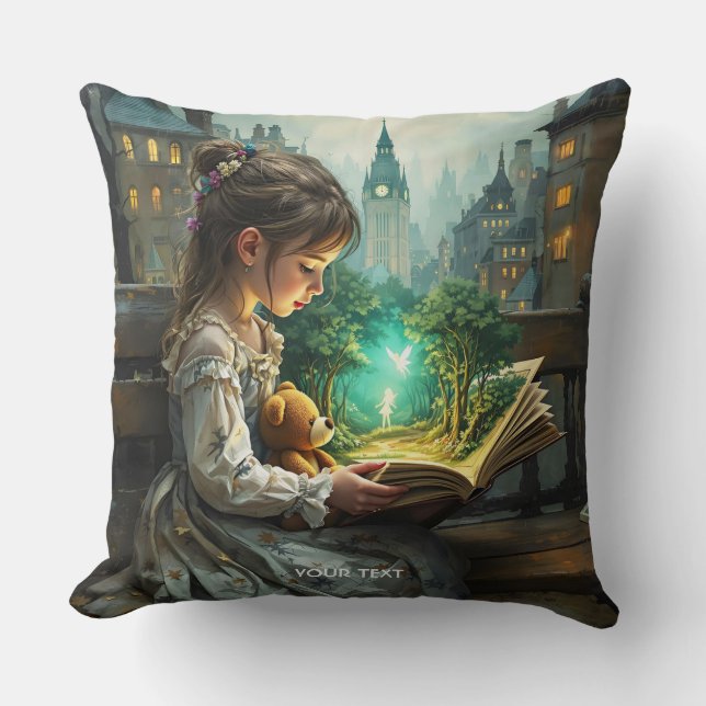 Fantasy Cute Young Girl Reading Kudde (Framsida)